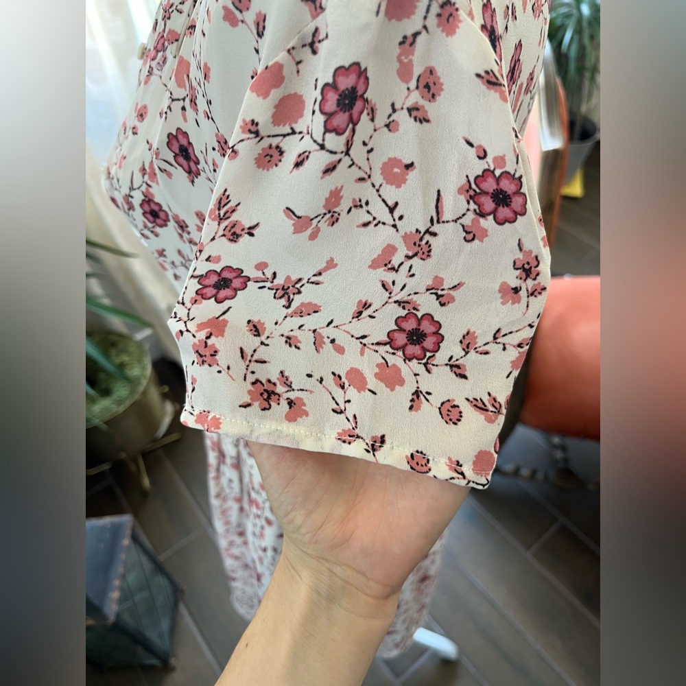 WAYF cream and pink floral shirt sleeve dress with button front sun dress - Picture 11 of 16